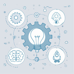 Innovation and Creative Process Light Bulb Gear with Brain, Rocket, and Award Icons