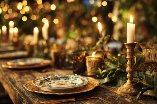 Stylish wooden table set with chic plates, soft candlelight, lush greenery, and shimmering gold accents, inviting atmosphere, with room for text at the top