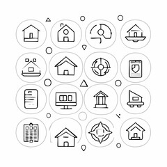 Outline icon pack illustrating various real estate and property concepts, including homes, apartments, finance, security, and online search