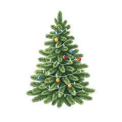 Fototapeta premium Watercolor Christmas Tree Illustration with Festive Ornaments and Twinkling Lights on transparent background, Ideal for Holiday Season Designs