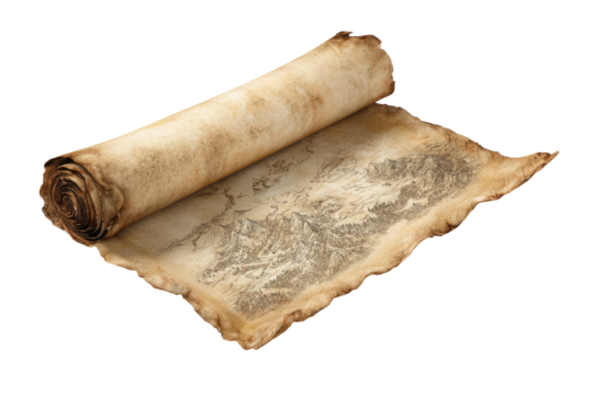 Rolled, old parchment map with terrain details