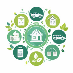 Green living and eco-friendly home concept featuring icons for sustainable energy, electric vehicles, and nature in a circular design