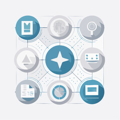 A collection of flat design business icons representing data analysis, corporate strategy, and project management in a connected network