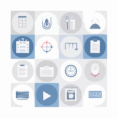 Set of minimalist vector icons featuring business symbols, web elements, and multimedia controls for user interface design