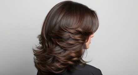 Brunette asian female with layered hairstyle on gray background