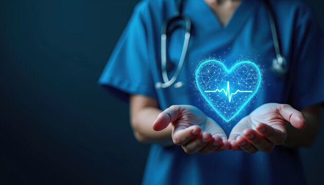 Medical pro wearing blue scrubs, stethoscope holds digital heart symbol with glowing ECG line in hands. Healthcare innovation, technology concept. Doctor shows heart rate data on virtual heart with