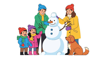 Winter Family Fun: A cheerful family builds a snowman on a crisp winter day, the air filled with laughter and the joy of shared moments. The family is creating memory with dog.