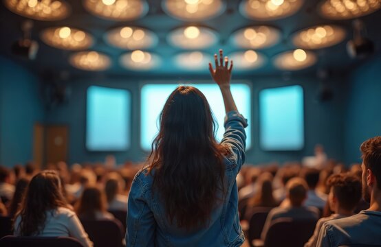 Woman in audience raises hand in conference hall. People seated, attend lecture, meeting in large room with screens. Female participant asks question, engages in discussion, active listener. Others