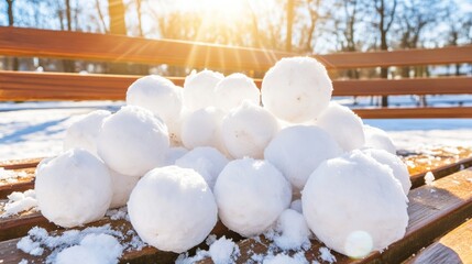 Snowballs piled on a wooden bench in a sunny winter park, gleaming under bright sunrays