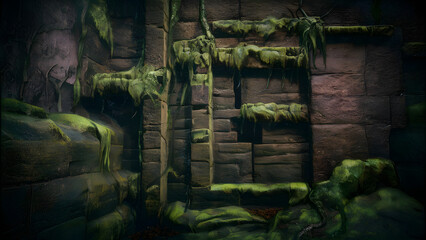 Ancient stone temple ruins overgrown with lush green moss and vines in a mystical jungle setting