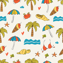 Naklejka premium Seamless Summer Beach Vacation Doodle Pattern.