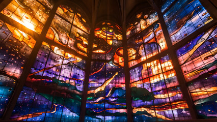 Vibrant stained glass windows casting colorful abstract patterns of light and shadow indoors