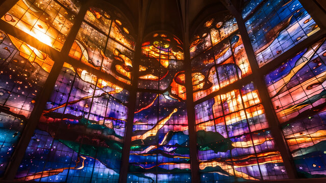 Vibrant stained glass windows casting colorful abstract patterns of light and shadow indoors