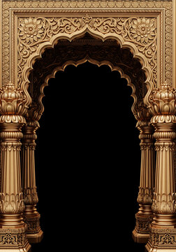 Ornate Golden Archway with Intricate Carvings and Lotus Motifs graphic design isolated on a transparent background