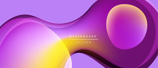 Abstract purple, yellow shapes overlap. Modern design features smooth gradients, dynamic curves, minimalist aesthetic. Background suggests fluidity, energy.