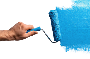 Hand rolls blue paint, black backdrop