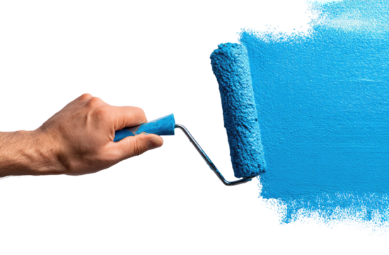 Hand rolls blue paint, black backdrop