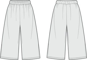Women wide leg pants fashion flat sketch, vector CAD illustration front and back view, loose fit trousers technical drawing template