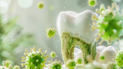 A close-up of a healthy tooth surrounded by bacteria and viruses. The tooth appears white and shiny, while the microorganisms are depicted in green.