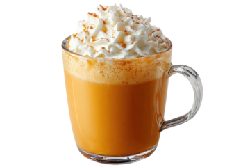 Frothy orange drink with whipped cream in glass mug