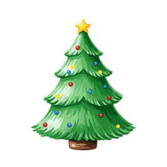 Fototapeta premium Cartoon Christmas Tree with Colorful Ornaments and Star Topper, Festive Holiday Season Illustration