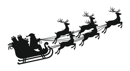 Silhouette of santa claus in a sleigh pulled by reindeer flying through the sky