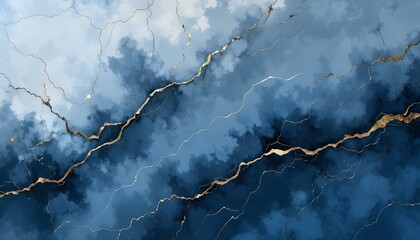 Gray Navy Liquid Marble Watercolor Background with Gold Lines