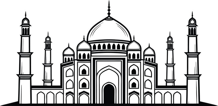Taj mahal line art illustration. iconic mughal mausoleum, a historical landmark and architectural masterpiece in india.