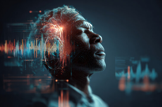 Futuristic portrait, senior man, neural interface, sound wave, cyberpunk calm
