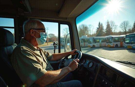 Bus driver wearing face mask driving vehicle. Elderly man in medical mask protects during virus spread. Public transport during pandemic. Transportation safety measure in modern world. - Powered by Adobe