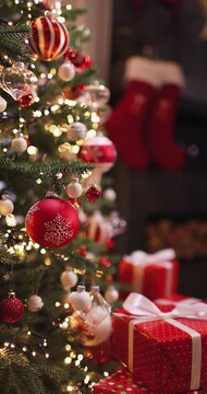 A Christmas tree with presents and lights. Christmas decorations at home. Smooth movement to the side