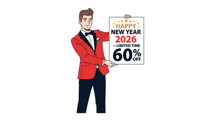 New Year 2026 Celebration with Offer: A smartly dressed individual presents a sign with a New Year 2026 promotion, signifying a limited-time sale with a significant discount.