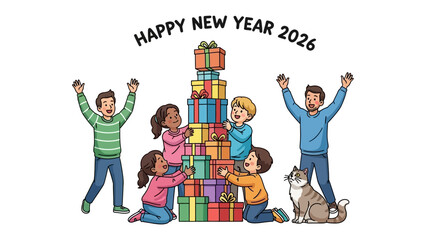 New Year's Gift Tower: An illustration of a group of diverse individuals and a cat joyfully constructing a tower of colorful gifts.