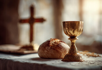 Golden chalice bread altar cross candlelight glow evoke sacred quiet reflection