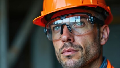 Fototapeta premium Construction worker portrait, close up blue eyes, orange helmet, safety glasses. Man looks focused on site task, ready for work. Hard labor details visible.