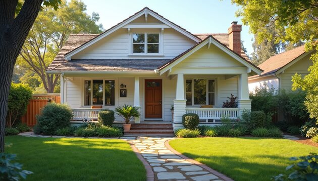 Classic American house exterior with a well kept green lawn and garden path. Home has white siding and a welcoming wooden front door, surrounded by lush trees.