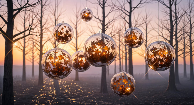 Disco balls hanging in a misty forest during a golden sunset, creating a magical atmosphere