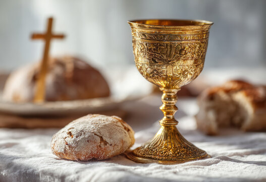 Golden chalice communion bread cross altar soft light, sacred warmth - Powered by Adobe