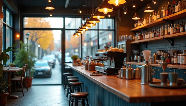 Cozy coffee shop interior with wooden counter. Espresso machine brews hot drink near pastries. Bar stools line counter, large window overlooks street scene with cars and autumn trees.