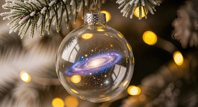 A clear glass christmas ornament reflecting a spiral galaxy hangs on a tree branch