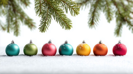 Colorful Christmas ornaments in snow under evergreen branches, creating festive and cheerful holiday scene. vibrant baubles are dusted with snow, enhancing wintery atmosphere