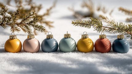 Colorful Christmas ornaments arranged in row on snow with pine branches casting shadows, creating festive and serene winter scene