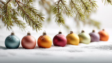 Colorful Christmas ornaments in snow under pine branches create festive and joyful holiday scene. vibrant baubles, dusted with snow, evoke sense of warmth and celebration