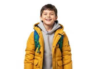 Young boy wearing a bright yellow puffer jacket and a grey hoodie smiling widely with a backpack isolated on transparent background