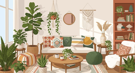 Cozy Boho Living Room Interior with Indoor Plants and Natural Light