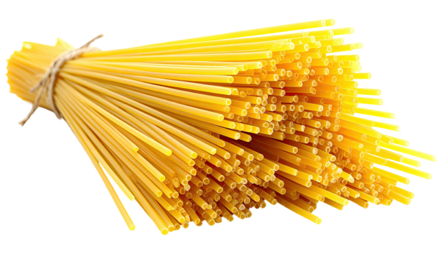 Bundle of dry, yellow spaghetti tied with string