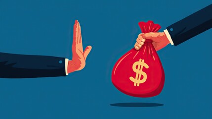 Flat vector illustration of a business hand refusing a red money bag with dollar sign, symbolizing anti-bribery and integrity for International Anti-Corruption Day concept on blue background