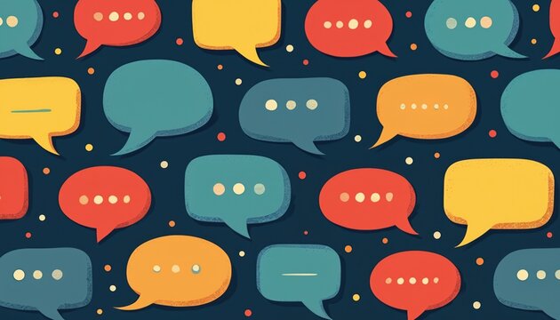 Illustration presents chat bubbles in various colors. Repeating pattern shows social media dialog. Background is dark. Graphic is suitable for communication apps web design.