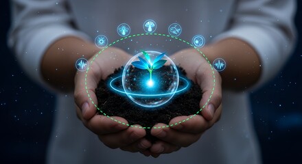 Hands holding glowing plant in soil with digital earth and environmental icons.