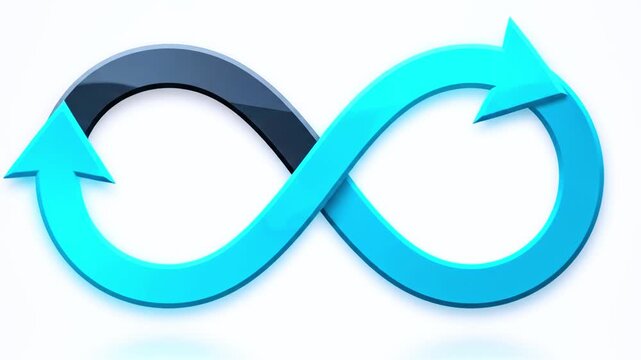 A 3D rendered infinity symbol with arrows, one side black, the other blue, on a white background